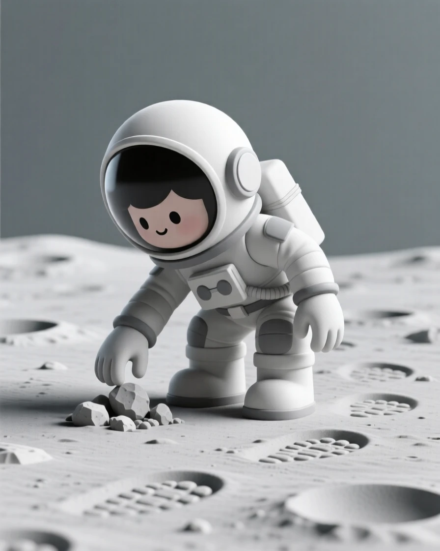 A curious young astronaut collects moon rocks into a small pouch, boot prints trailing behind in gray dust.