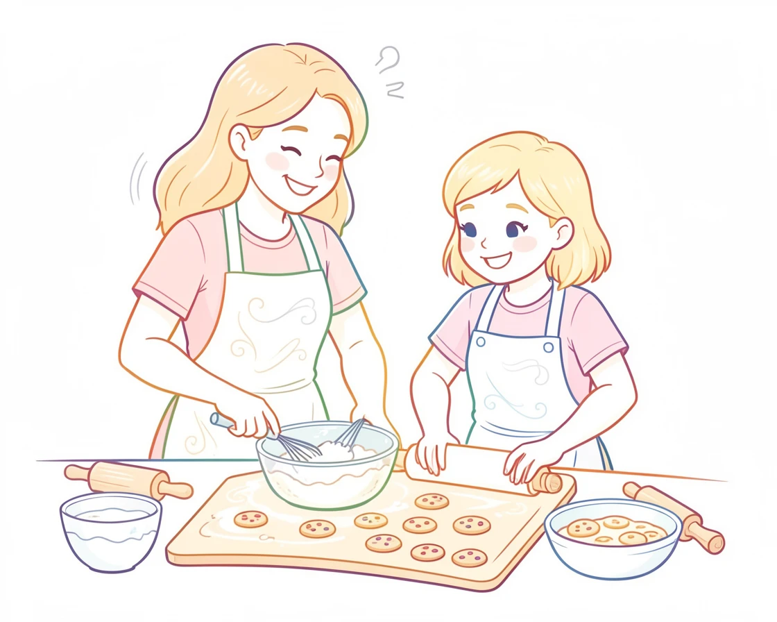 A mother and daughter baking cookies together, flour dusted on their aprons.