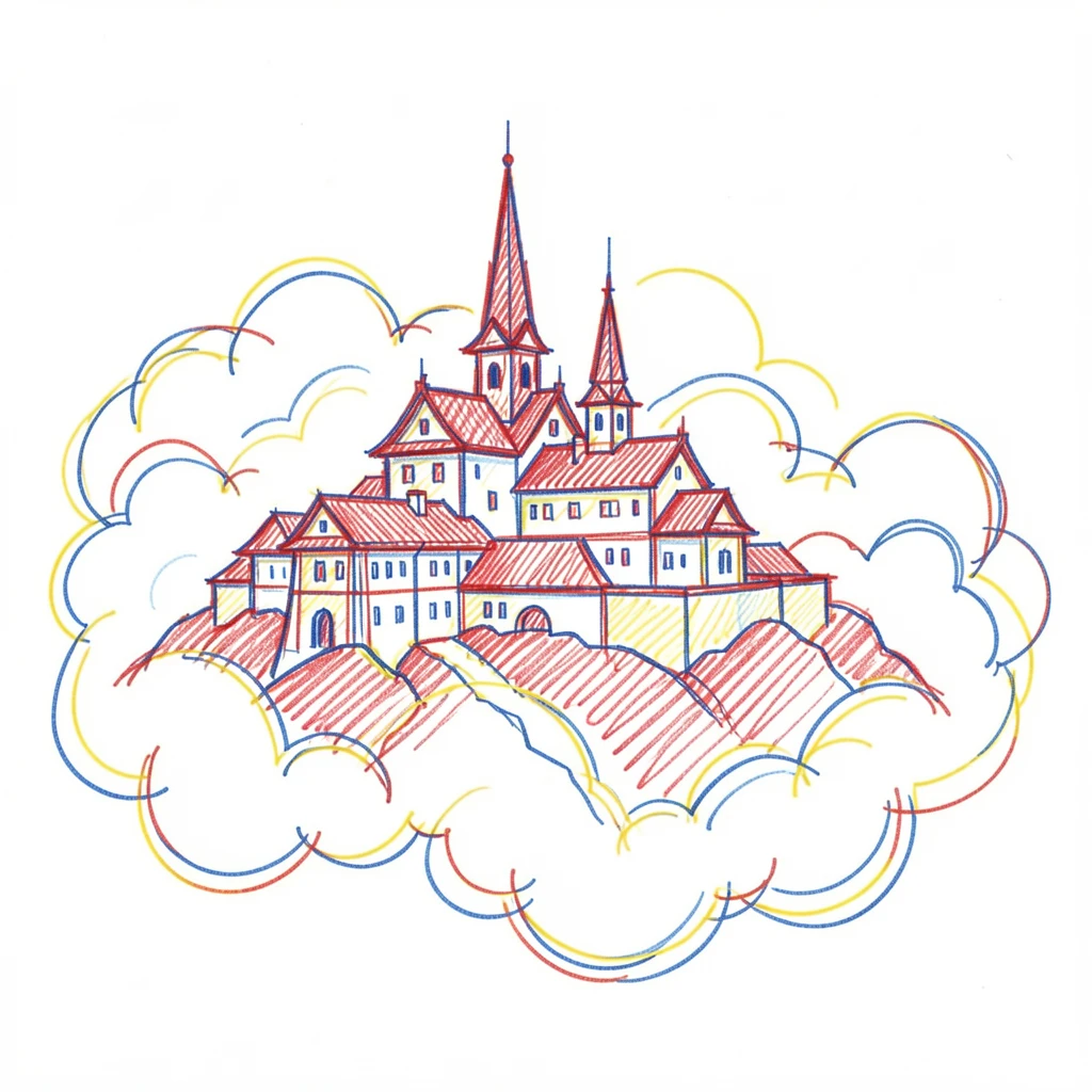 A grand mountain monastery wrapped in swirling clouds