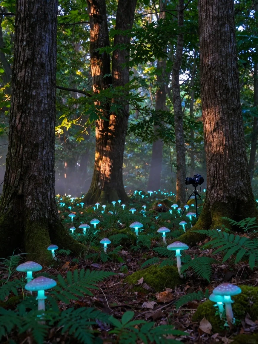 A fairy tale forest glowing with bioluminescent mushrooms