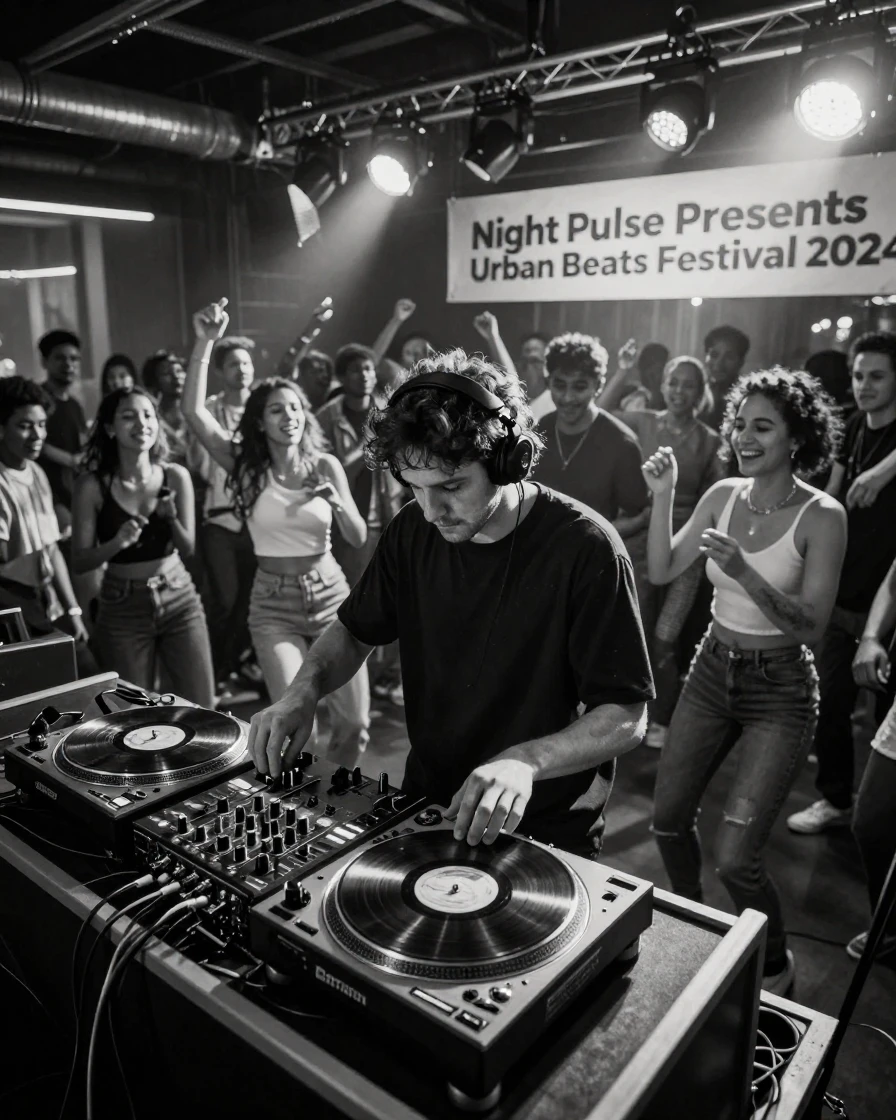 A DJ spins records for a packed dance floor beneath colorful stage lights.