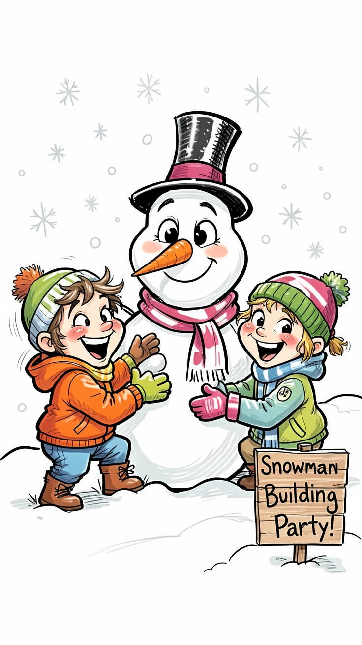 [Seasonal Holidays & Celebrations] Festive scene of children building a snowman together in a fresh blanket of snow, full of celebration and joy
