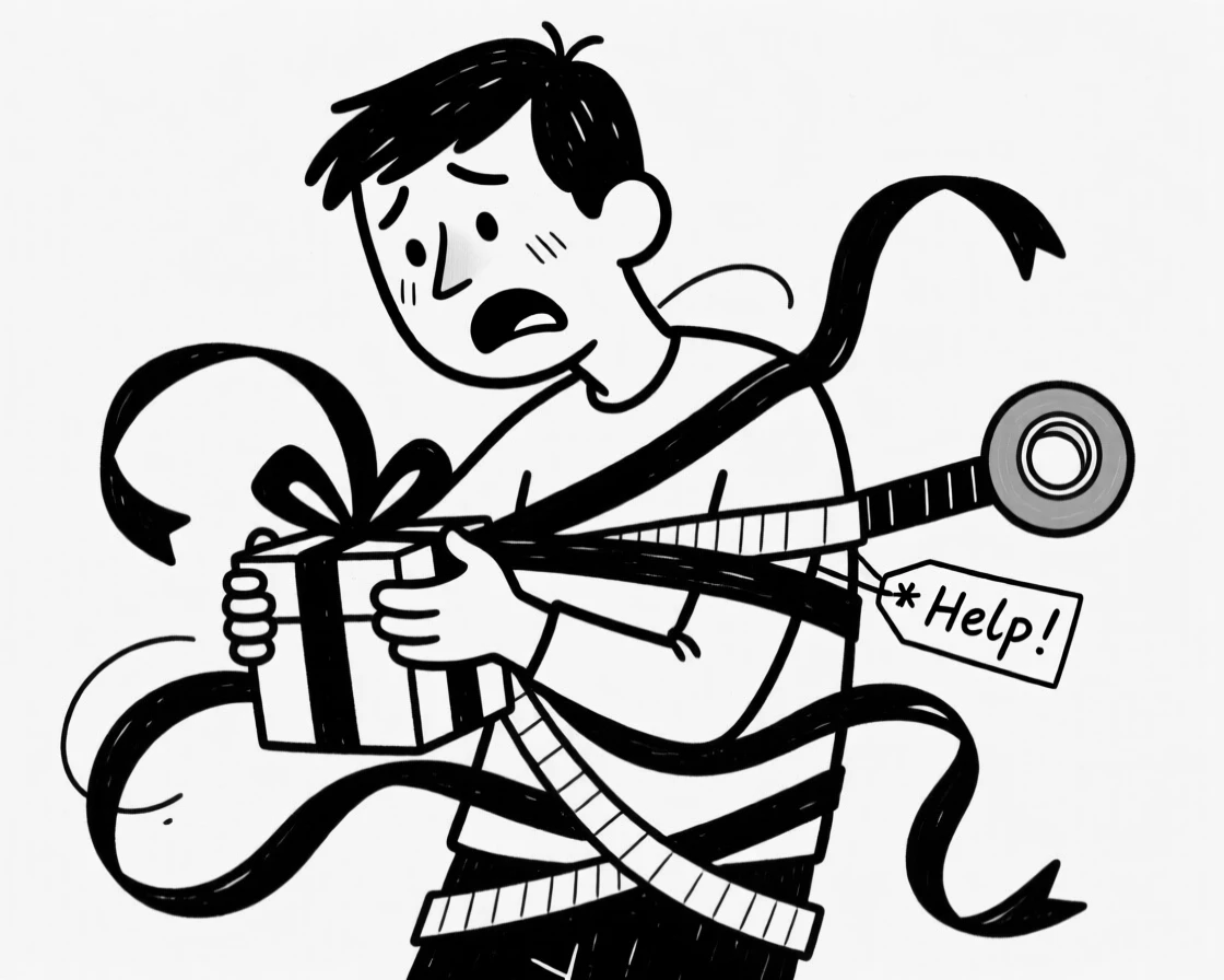 A person wrapping presents, completely tangled in ribbon and tape.
