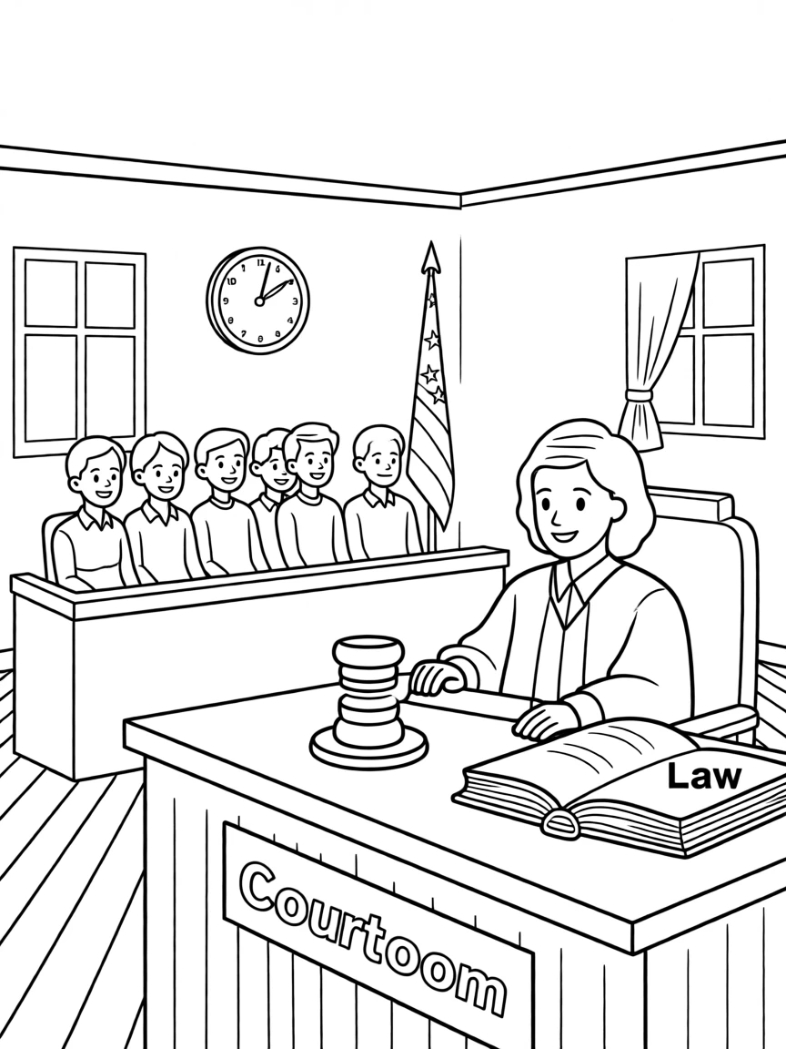 A judge and jury scene shown in a simple, friendly courtroom for kids