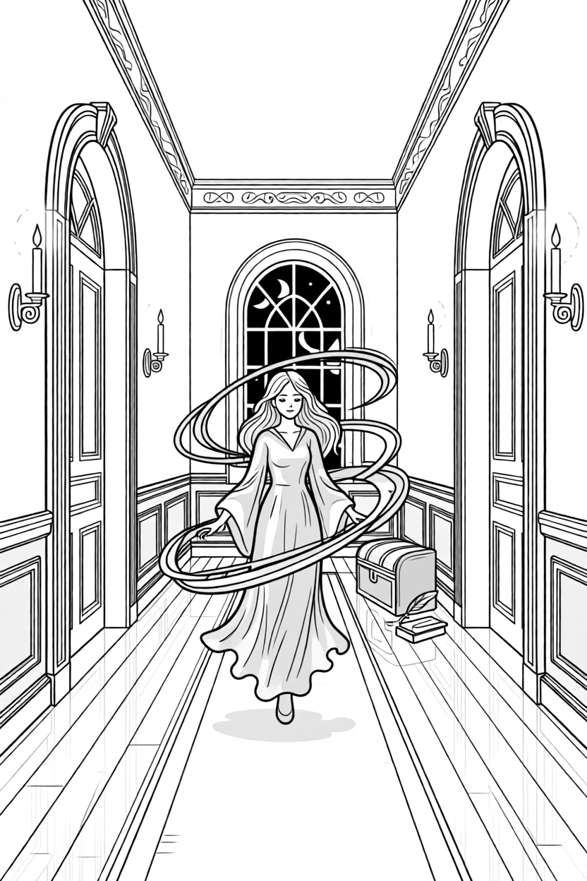A ghostly figure drifting through a candlelit hallway, with a swirl of magical energy crackling in the air.