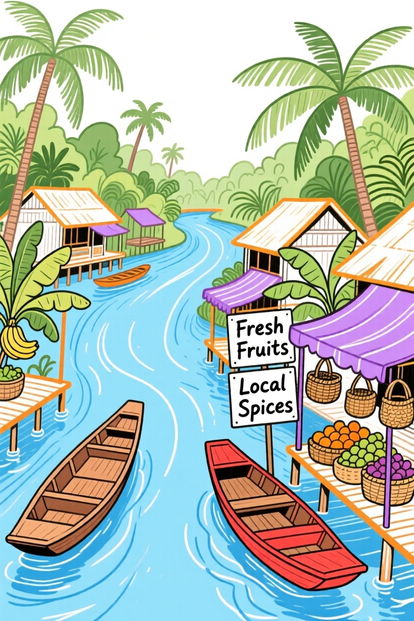 A floating market village along a winding tropical river.