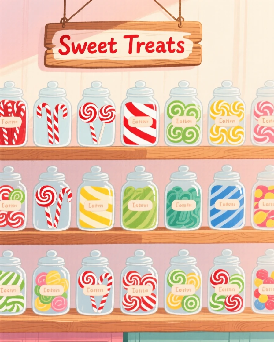 A cozy scene featuring a candy shop shelf lined with jars of striped sweets.
