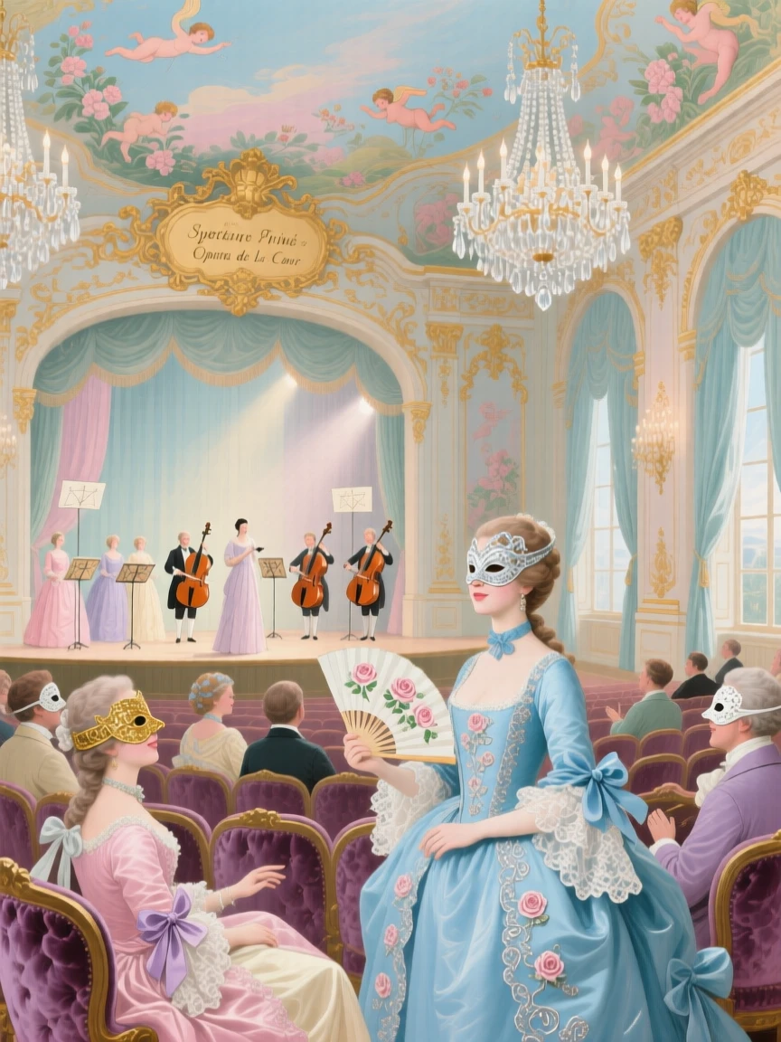 A private opera performance in a palace theater filled with masked guests  
