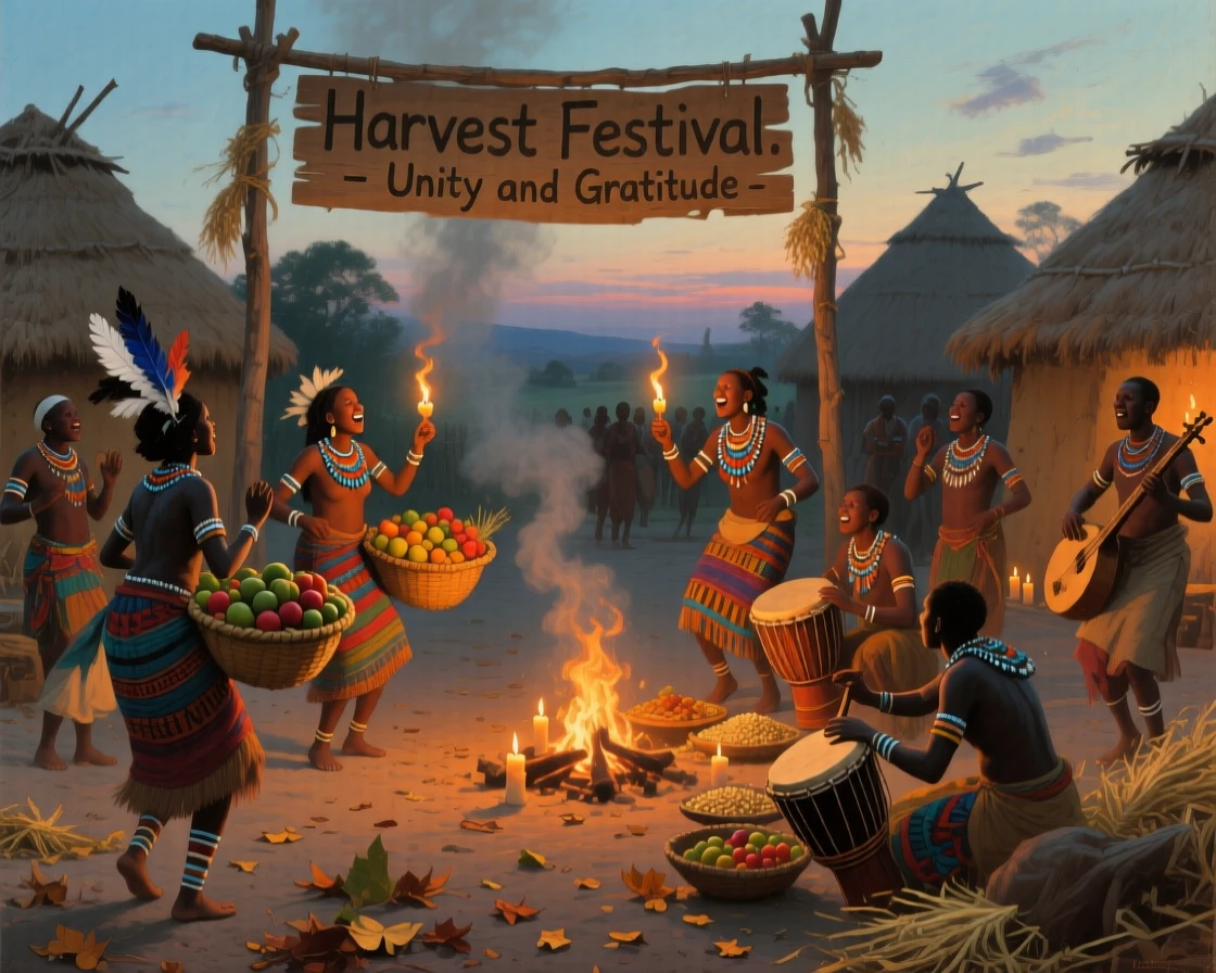 A tribal African village gathering for a joyful harvest celebration, as warm candlelight or torchlight fills the surrounding space, bringing a vivid, immersive moment of history to life