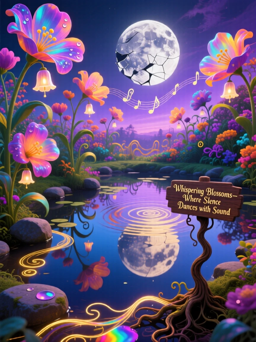 A garden of flowers that chime softly like tiny bells grows quietly at the edge of a still, quiet pond, as its shadow stretches into unexpected, curling shapes.