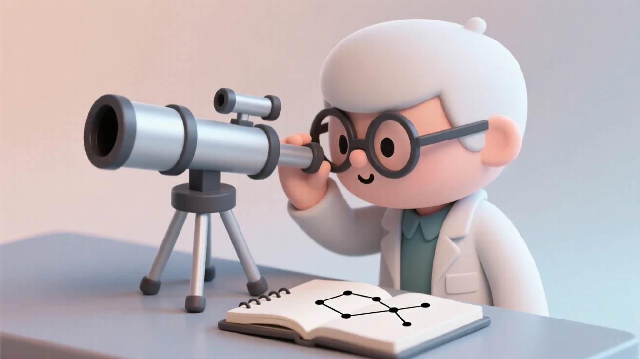 A dedicated scientist peers through a telescope lens, notebook full of sketched constellations resting nearby.