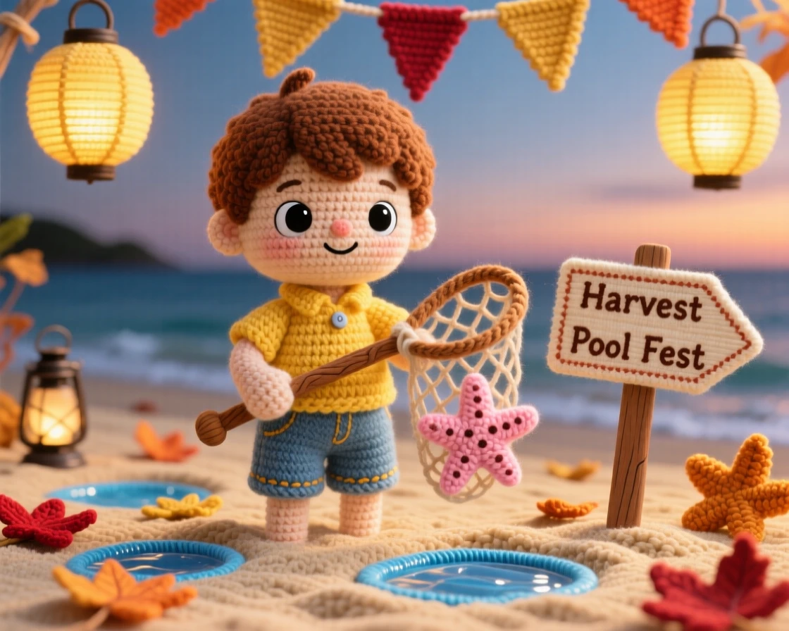 a small boy holding a fishing net for tide pooling, on a sunny beach day, discovering a small starfish in a pool, set in a lantern-lit harvest festival at dusk, with a scattering of fallen leaves or petals, full of festive excitement and shared celebration.