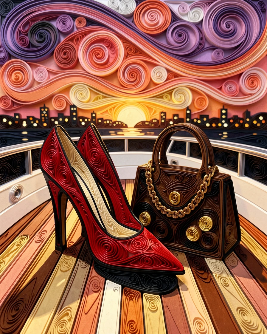 a pair of elegant high heels beside a designer handbag, on the deck of a luxury yacht at sunset, framed with rich, deep shadows for contrast, with soft city lights glowing in the background.
