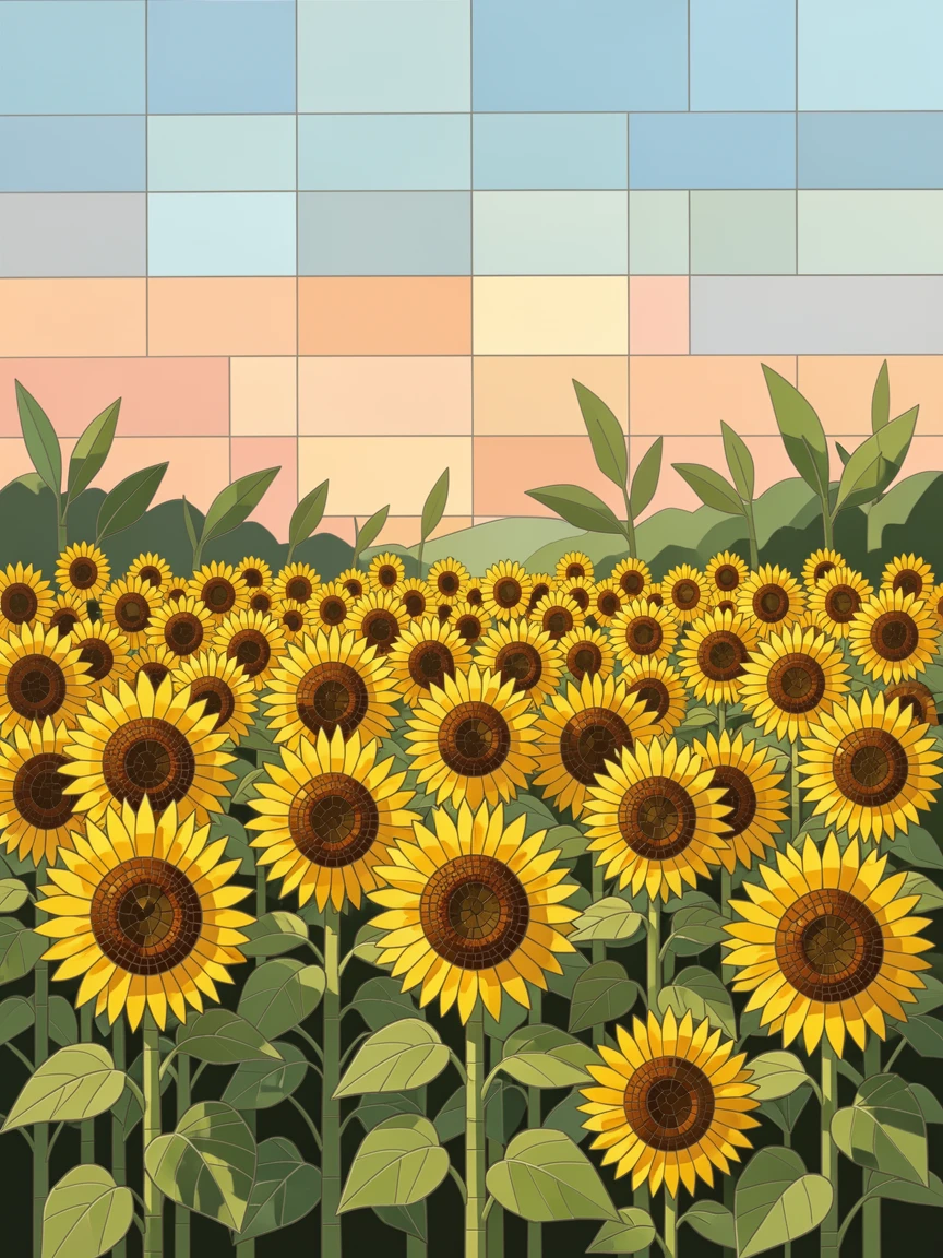 A sunflower field glowing golden under the afternoon sun, with soft morning light and a gentle blur of background greenery.