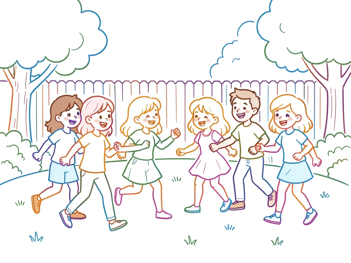 A group of cousins playing tag in a backyard during a family reunion.