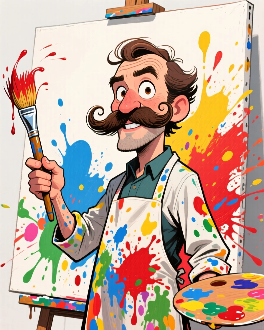 A painter standing before a giant canvas, brush raised mid-stroke, paint splattered on his smock.