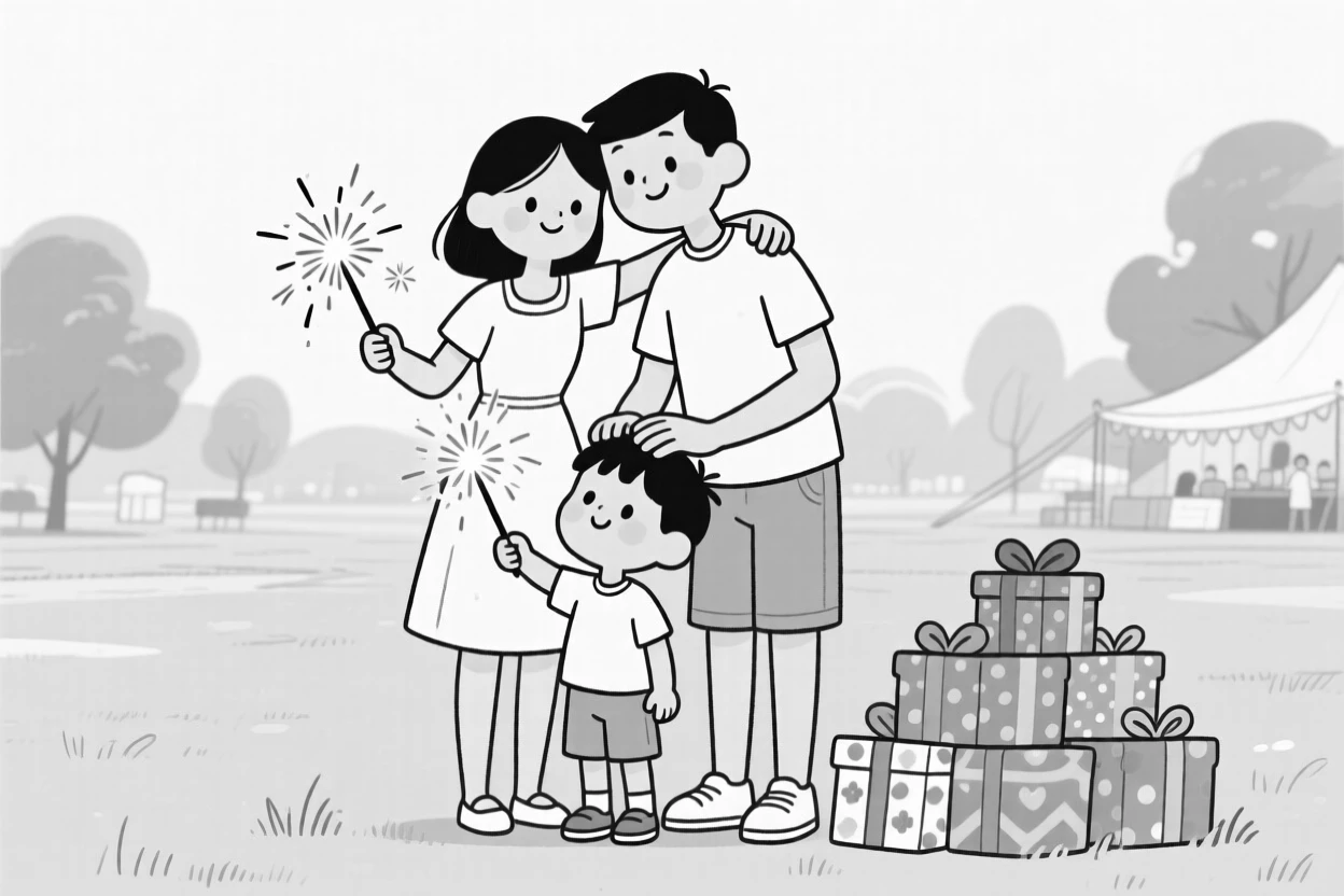 Two friends sharing sparklers at a festival, placing a gentle hand atop the child's head, set in a park during a summer festival. A stack of gifts wrapped in bright paper waits nearby. It captures the warmth of celebration shared across generations.