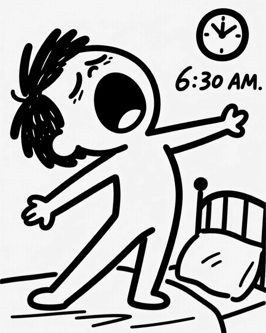 Someone doing an exaggerated stretch and yawn first thing in the morning.