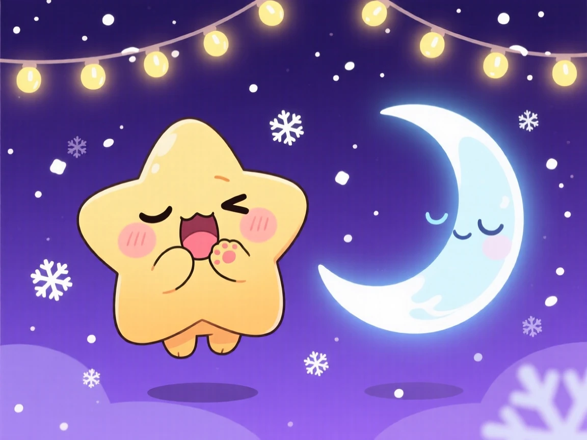 Symmetrical front-on view: a sleepy star character, yawning beside a crescent moon, set against a deep purple night sky amid softly falling snow, with glowing string lights and a mood of proud determination.