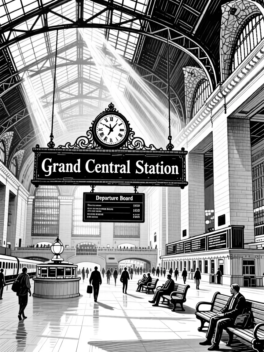 A grand train station with a vaulted glass ceiling and streams of sunlight.