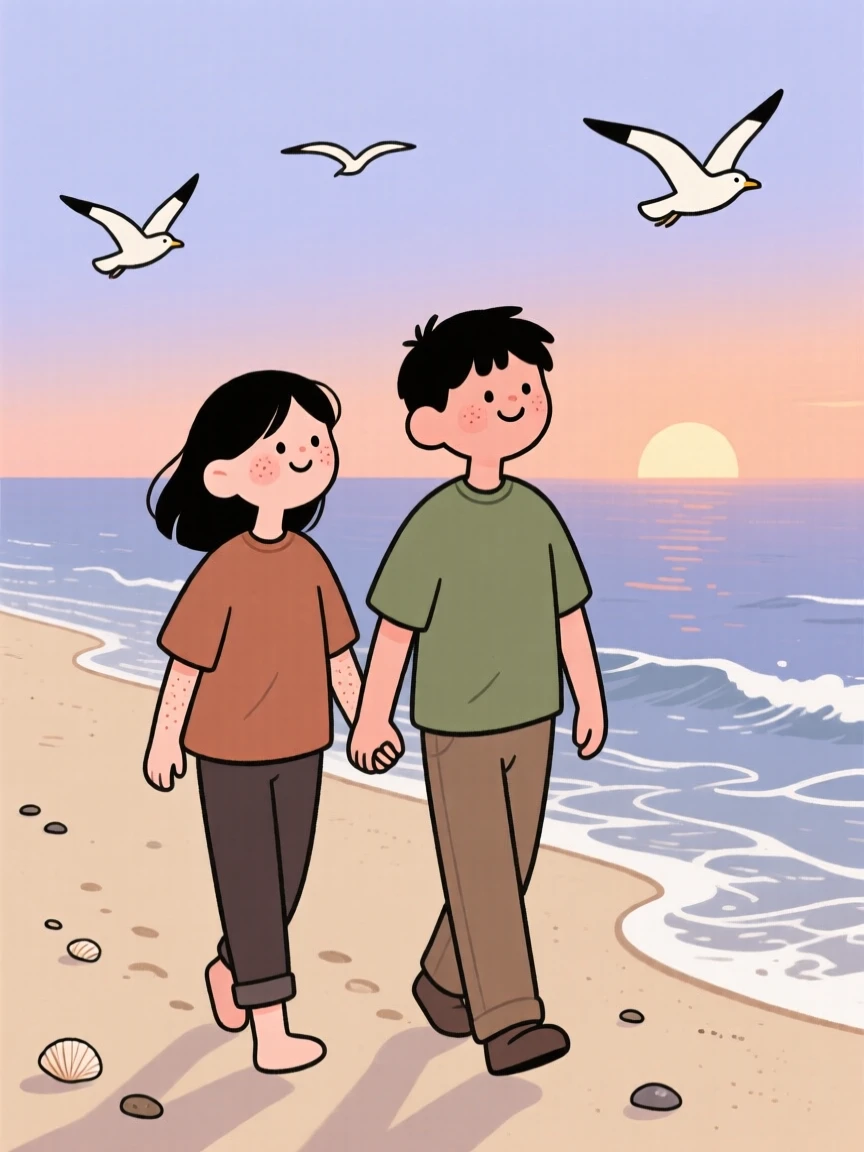 Waves roll gently onto a quiet sandy beach where a young couple walk along the shoreline, watching the sunset together as seagulls glide overhead.