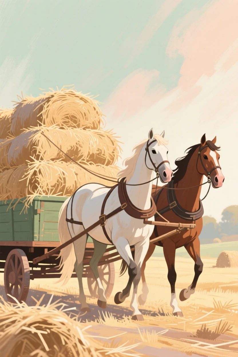 A hay wagon piled high, pulled by a pair of sturdy horses