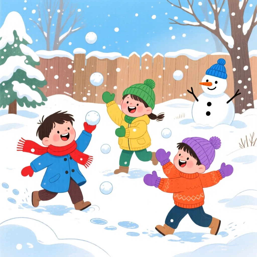 Friends having a snowball fight in a snowy yard, full of warmth and laughter.