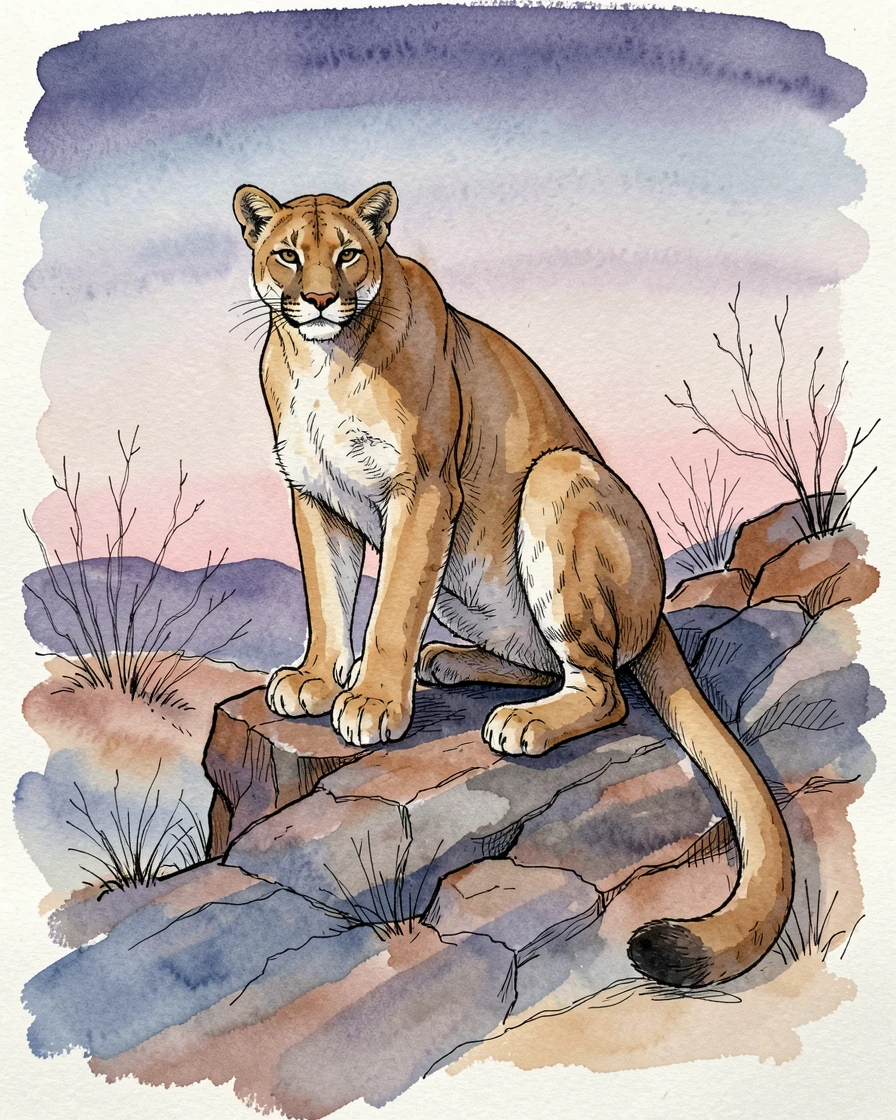 A mountain lion perched watchfully on a rocky outcrop at dusk, soft shadows stretching long across the ground.