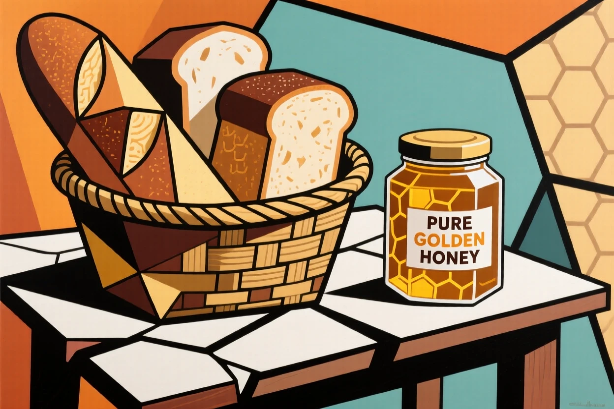 A basket of freshly baked bread beside a jar of golden honey.