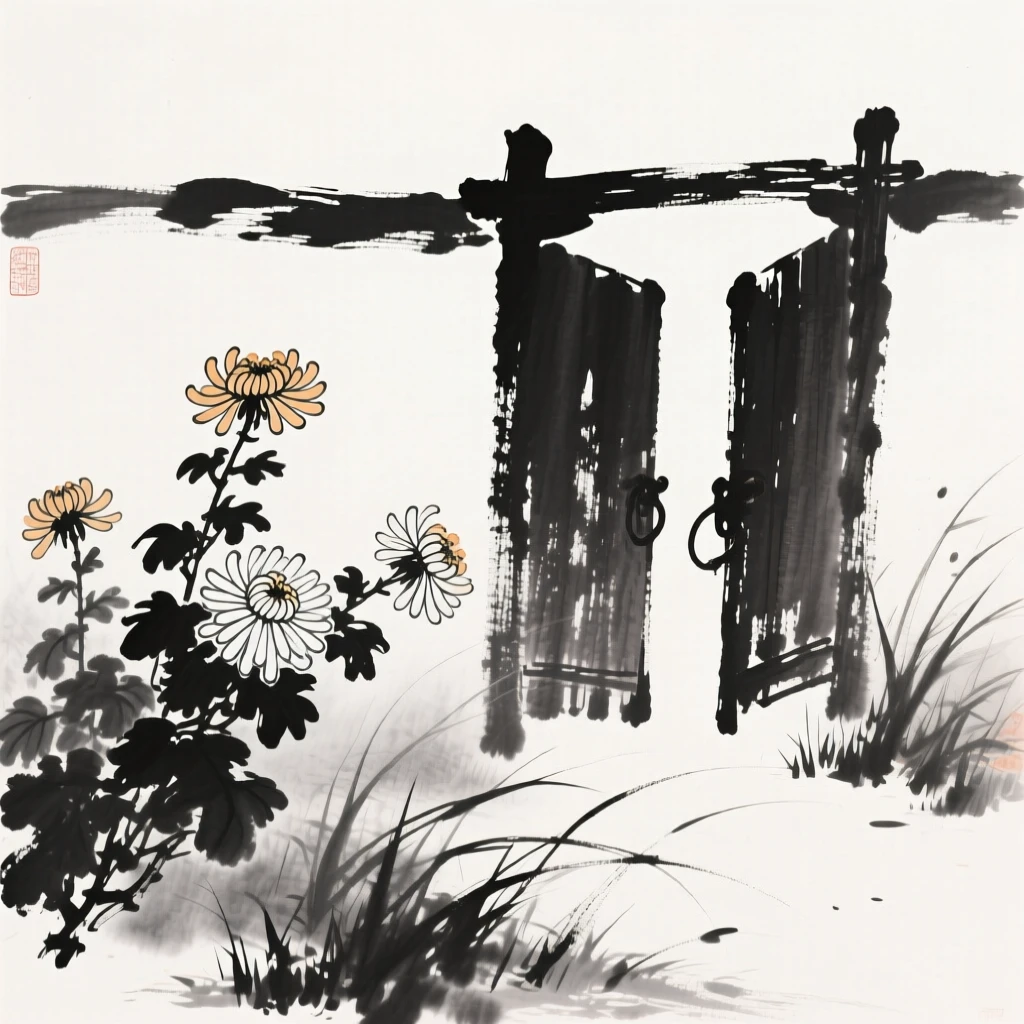 Chrysanthemums bloom late into the season beside a quiet garden gate, as a light wind stirs the surrounding grasses.