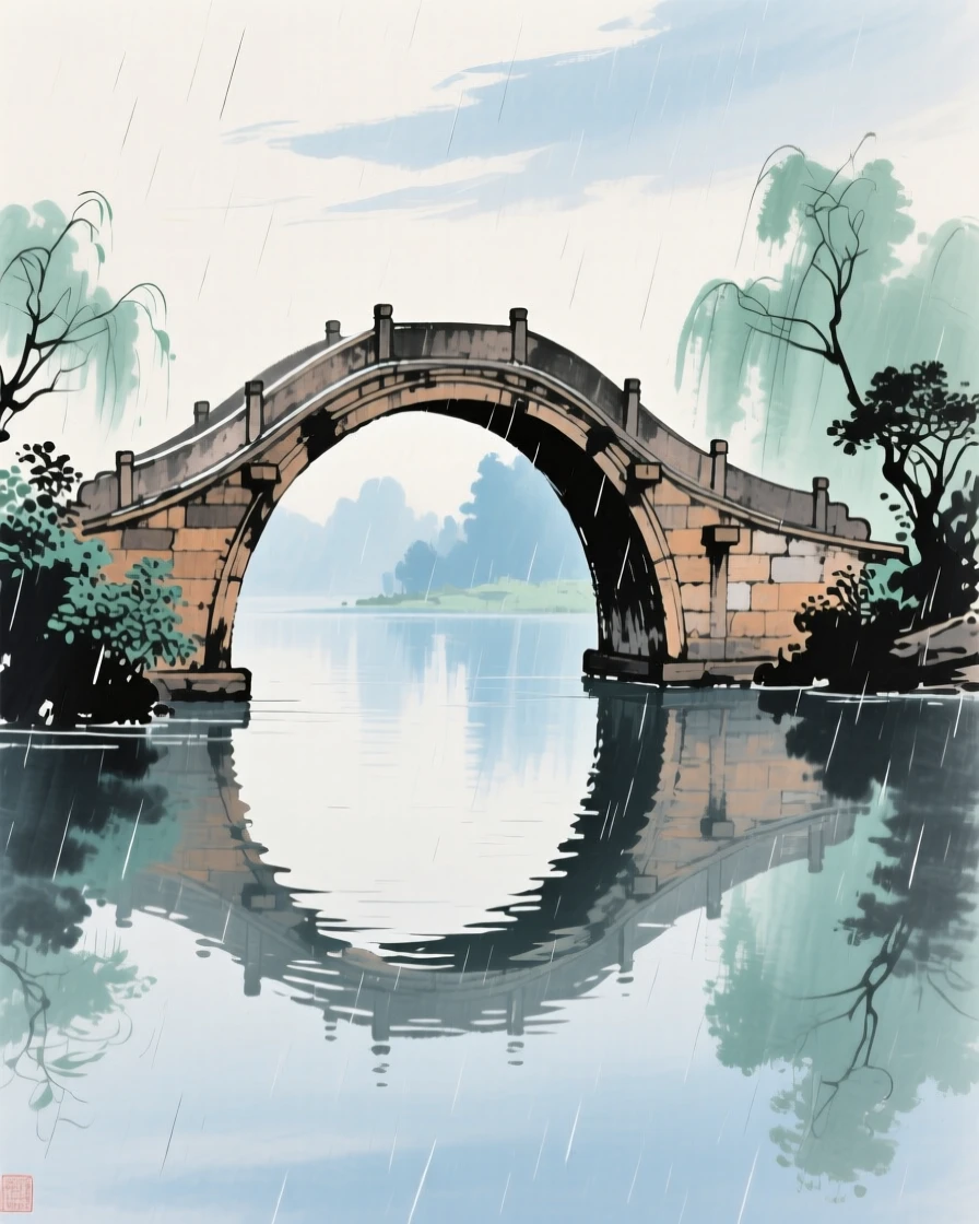 A graceful curved bridge reflected perfectly in still water, just after a rain shower, imbued with timeless calm.