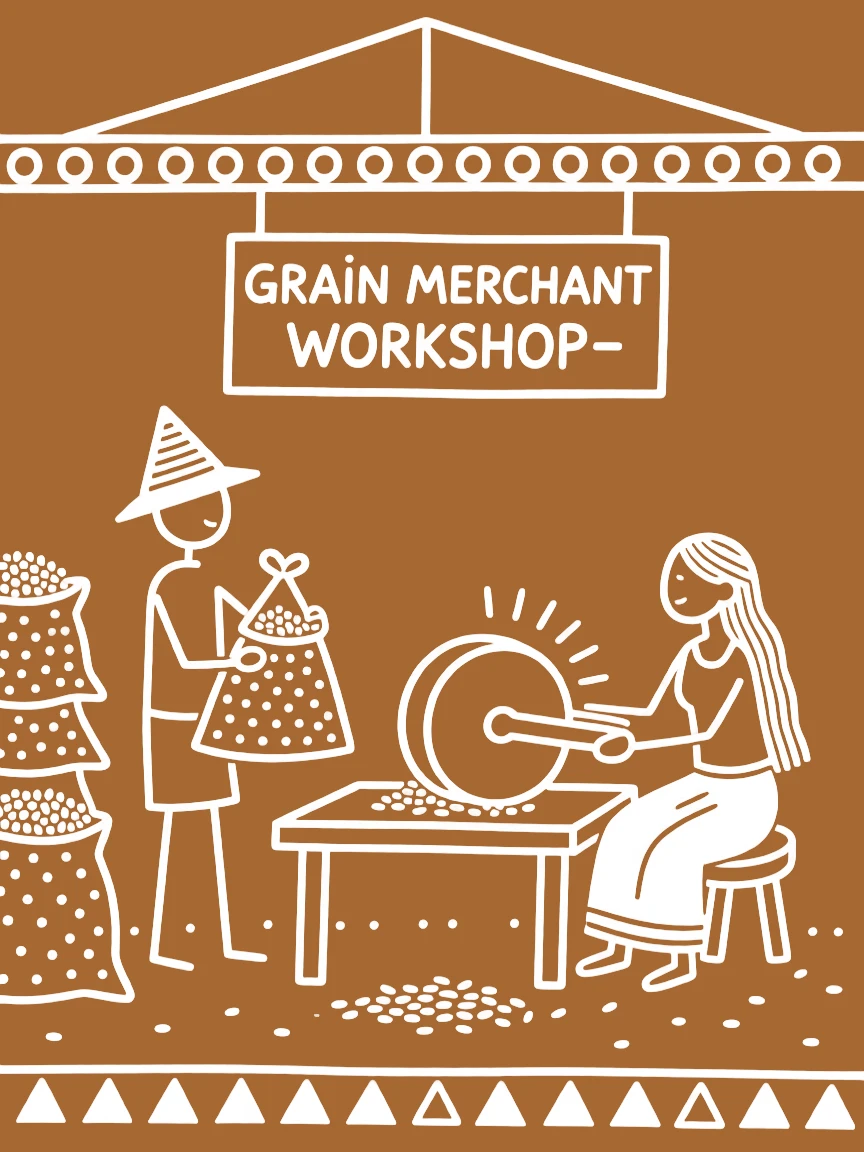 A grain merchant working alongside a spouse in a small workshop.