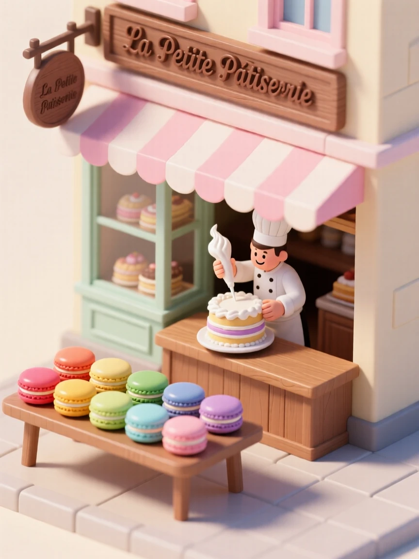 A charming pastry shop with macarons arranged in a rainbow pattern, a chef piping delicate frosting onto a tiered cake.