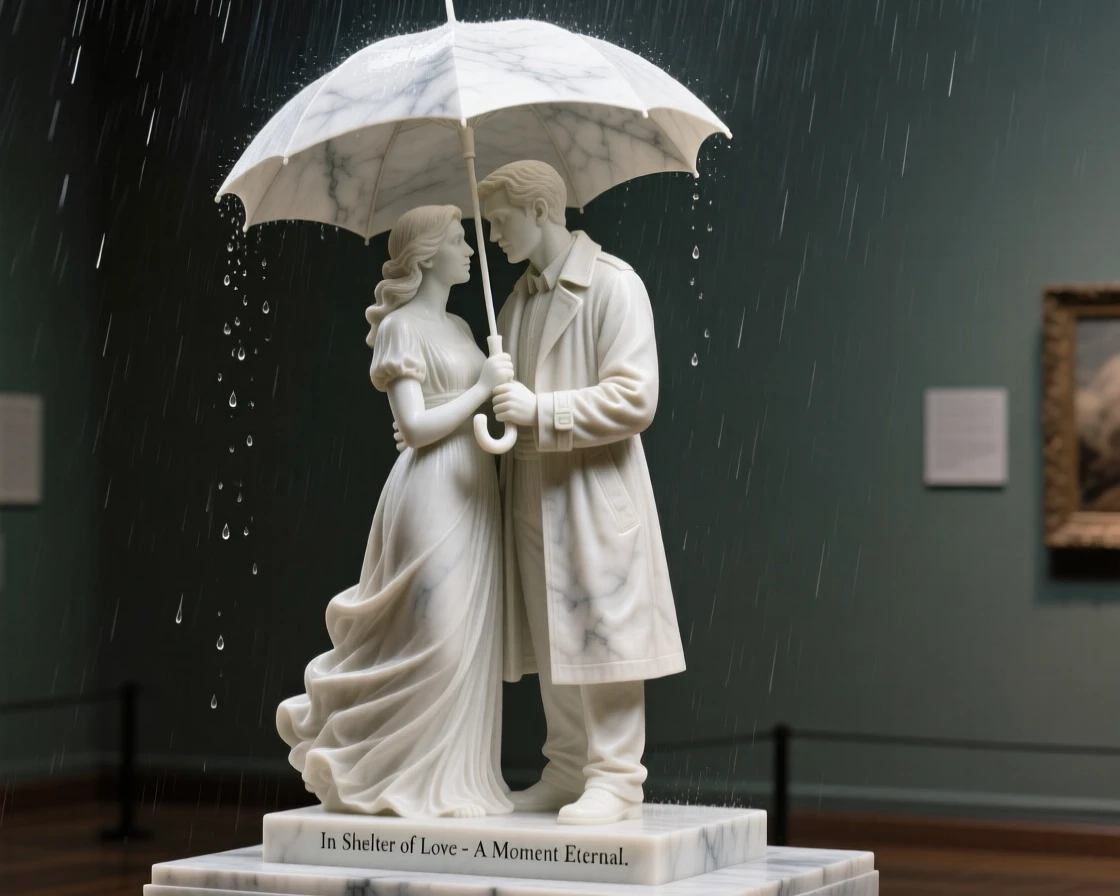 A heartfelt moment showing a couple sheltering under one umbrella in the rain, radiating love and genuine human emotion