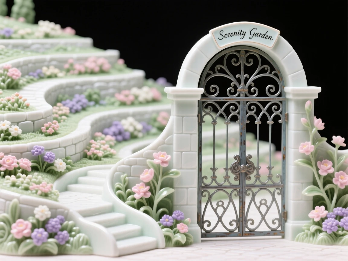 A sprawling terraced hillside garden in full bloom, framed by an antique iron gate.