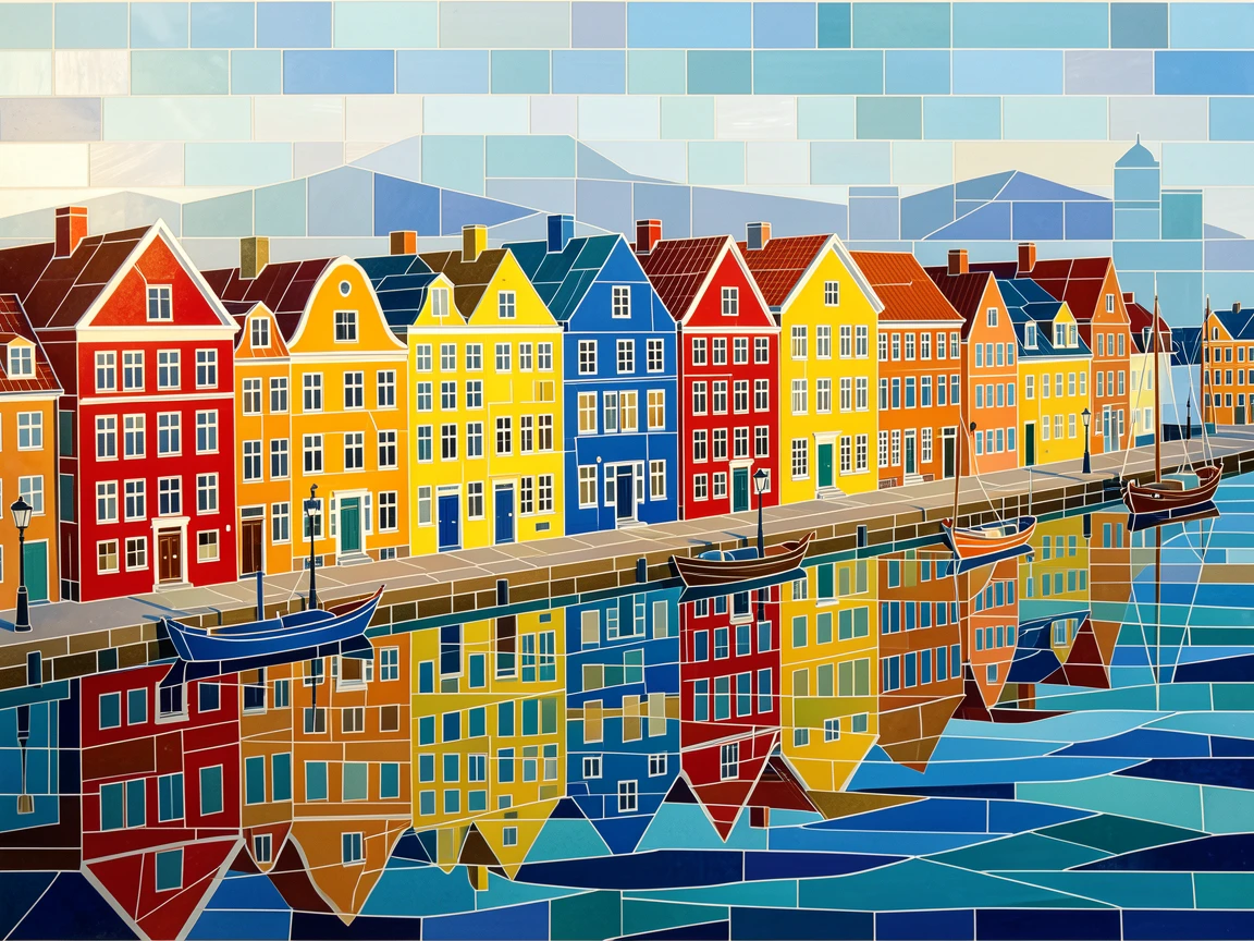 A row of colorful houses along the harbor of copenhagen, viewed from a dramatic elevated vantage point.