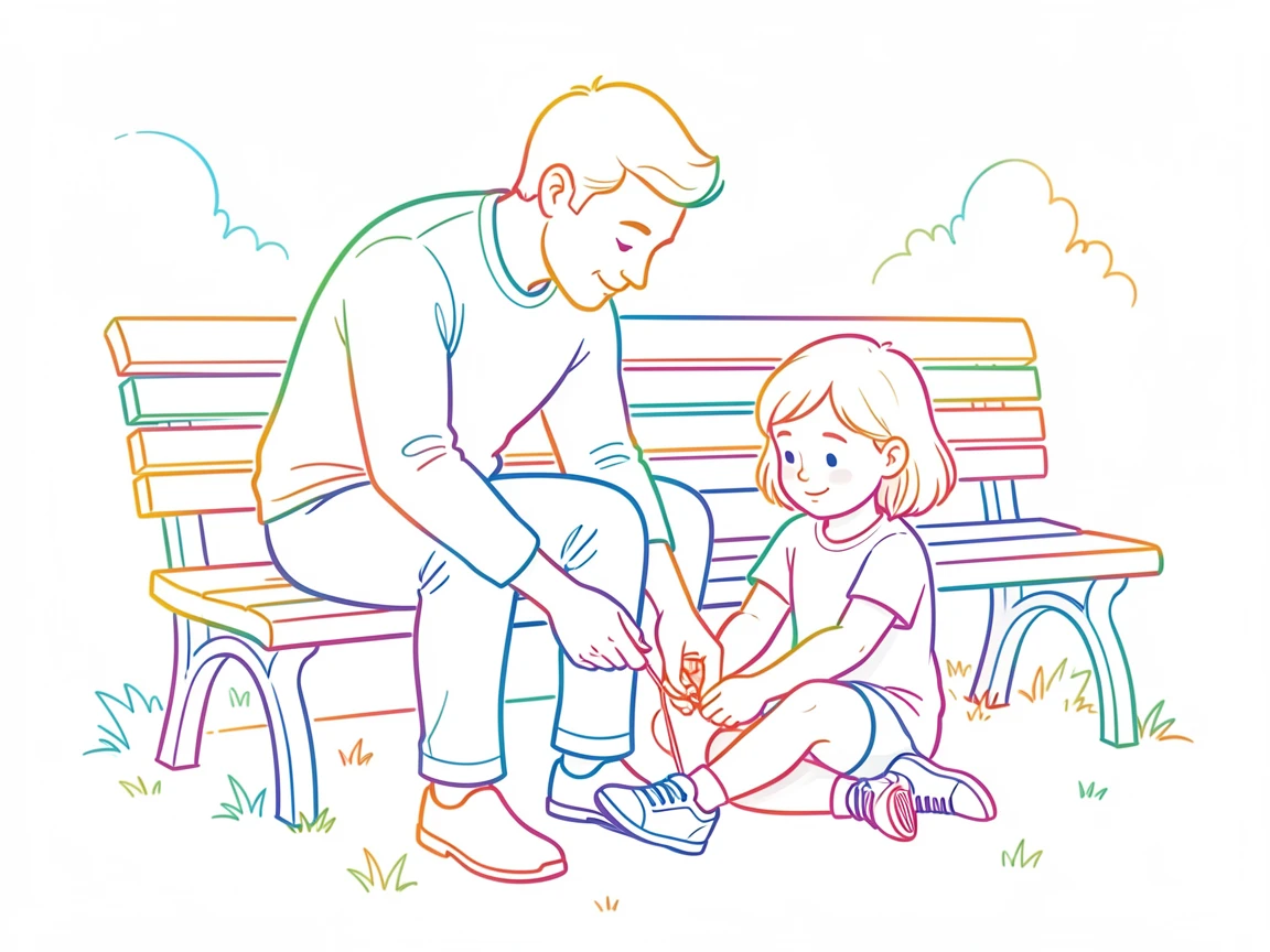 A father teaching his daughter to tie her shoelaces on a park bench.