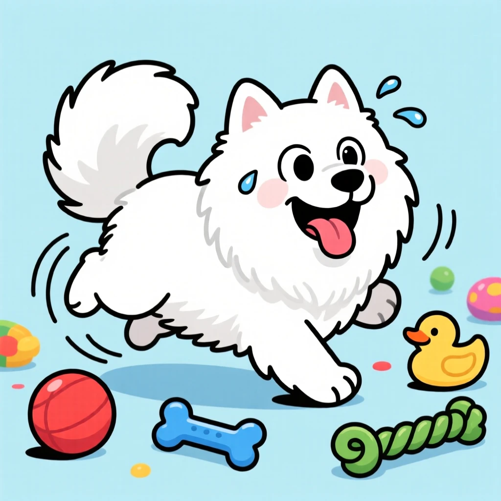 A playful pet moment featuring a fluffy Samoyed chasing its own tail in dizzy circles, surrounded by scattered toys.