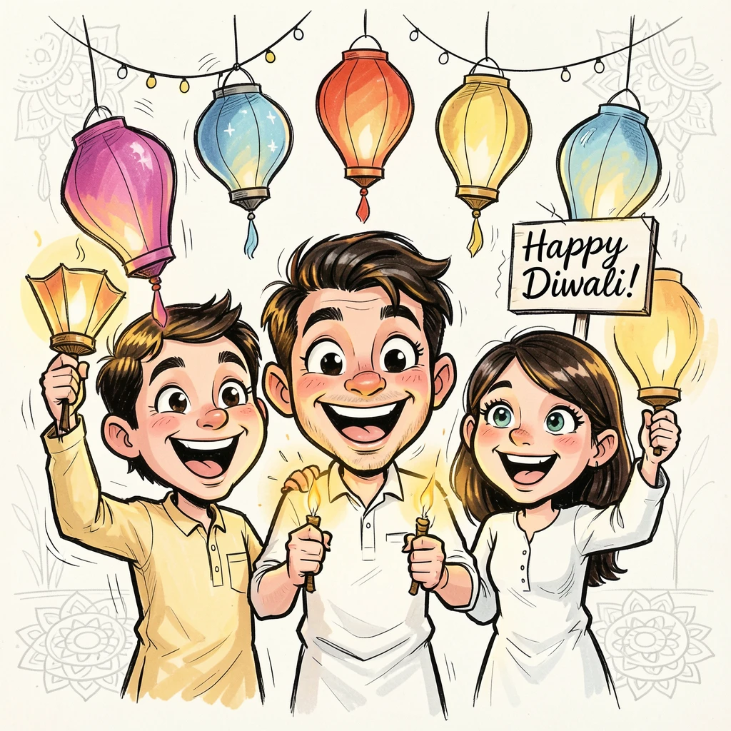 [Seasonal Holidays & Celebrations] Festive scene of a family setting off colorful lanterns during a Diwali celebration, full of celebration and joy