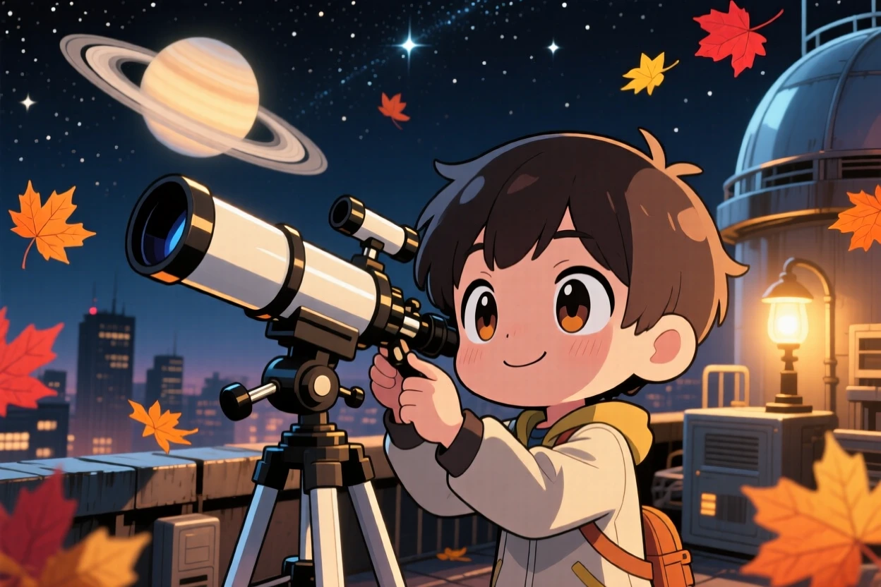 In a rooftop observatory at night, a young astronomer is peering through a telescope at Saturn's rings with autumn leaves swirling around, bathed in warm lamplight, expression full of brave confidence. Shot as an extreme close-up.