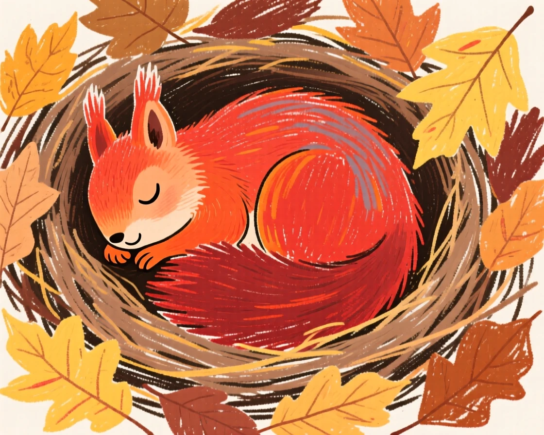 A red squirrel curling up in a nest of dry leaves for winter.