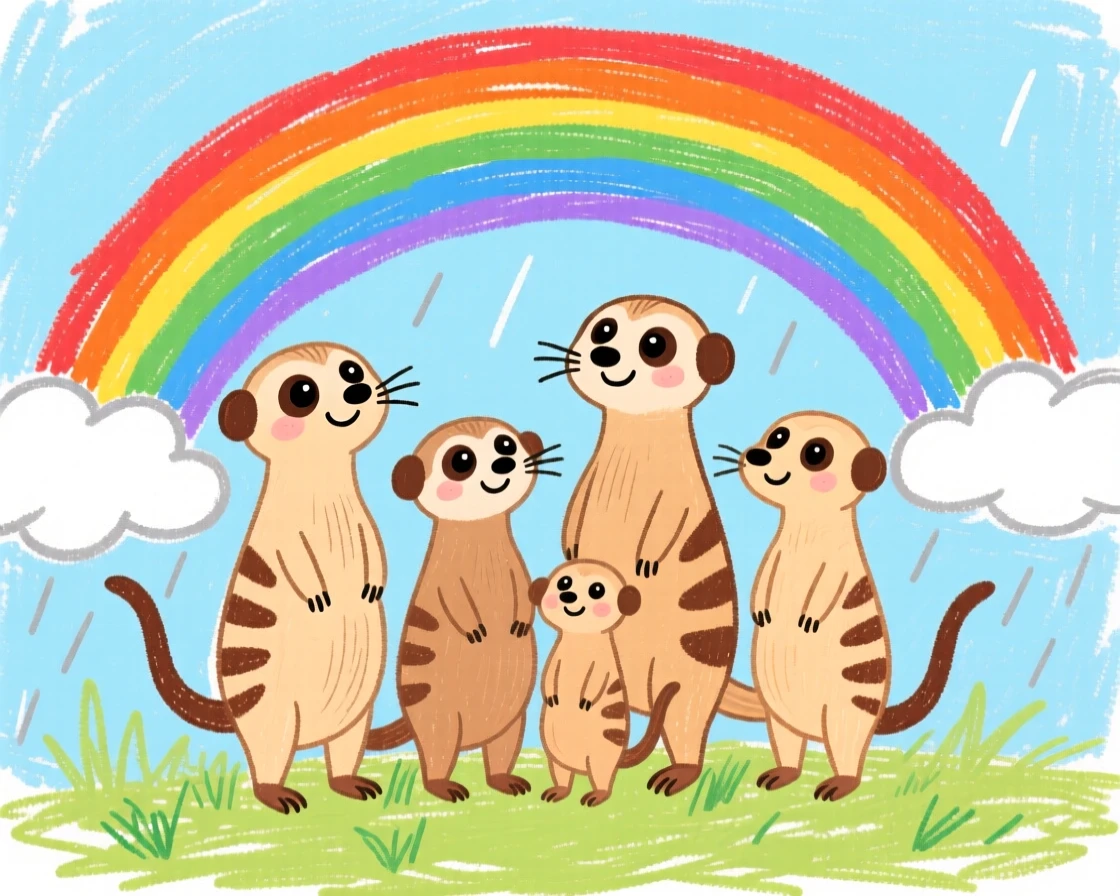 A family of meerkats standing watch beneath a rainbow after a storm.