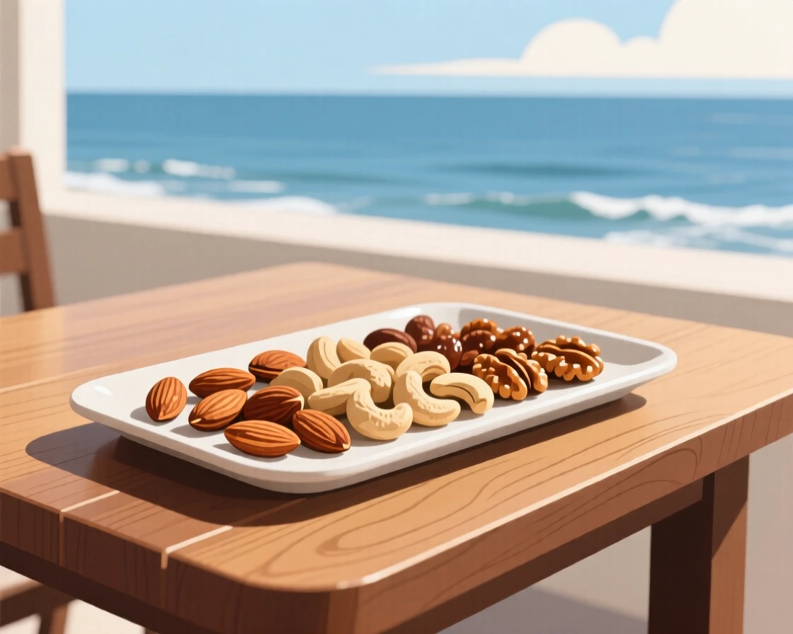 A tray of roasted nuts beautifully displayed on a wooden table at a seaside restaurant.