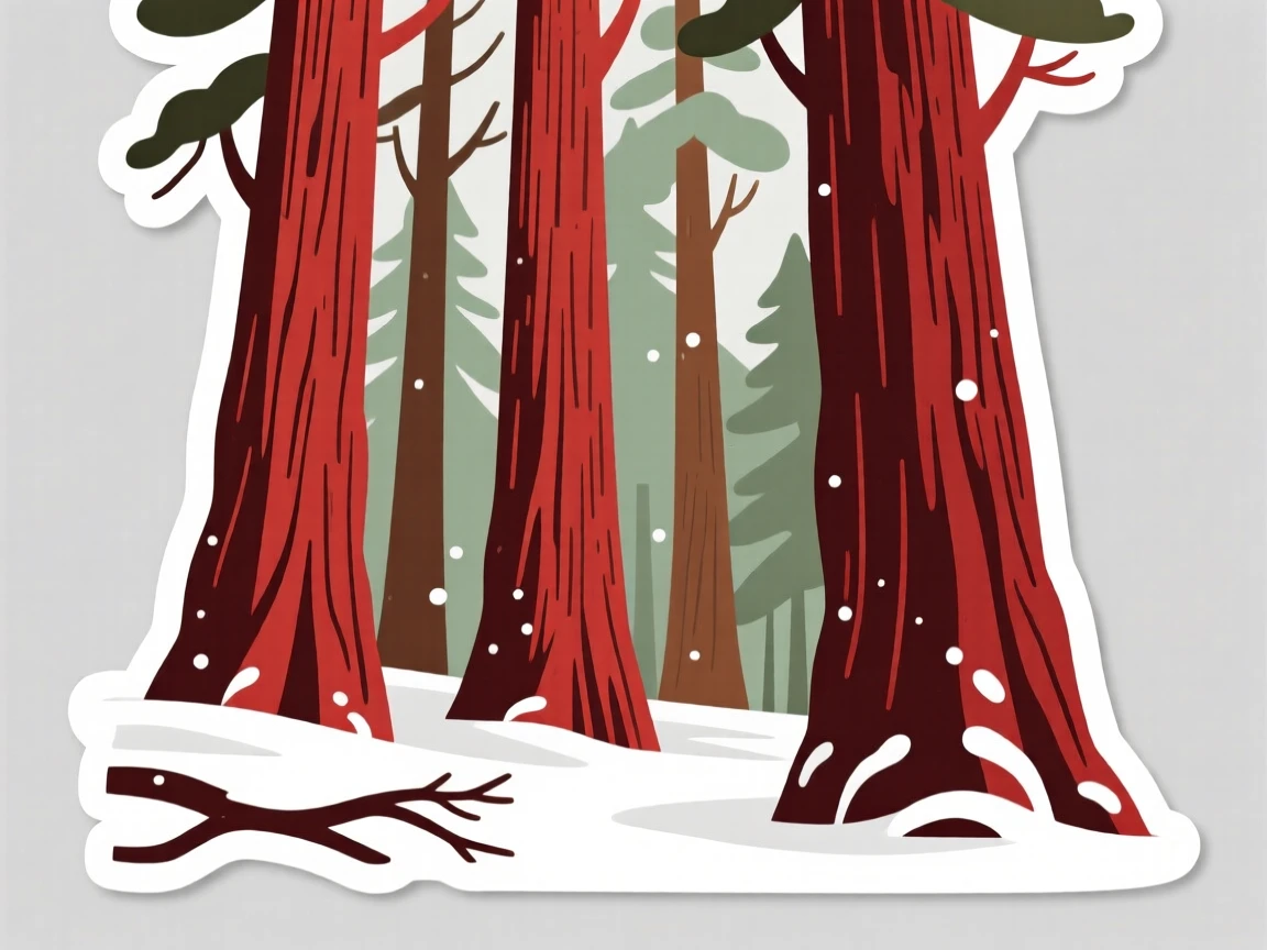 An idyllic towering redwood forest, dusted with a light layer of fresh snow, in a place time seems to slow down.
