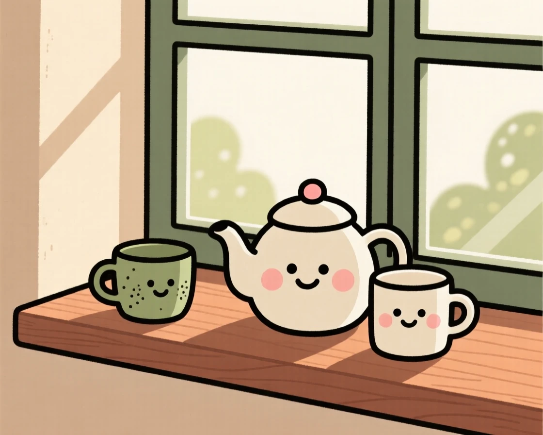 A windowsill holds a simple arrangement of a teapot and two cups, lit softly by morning sun beside a open window.