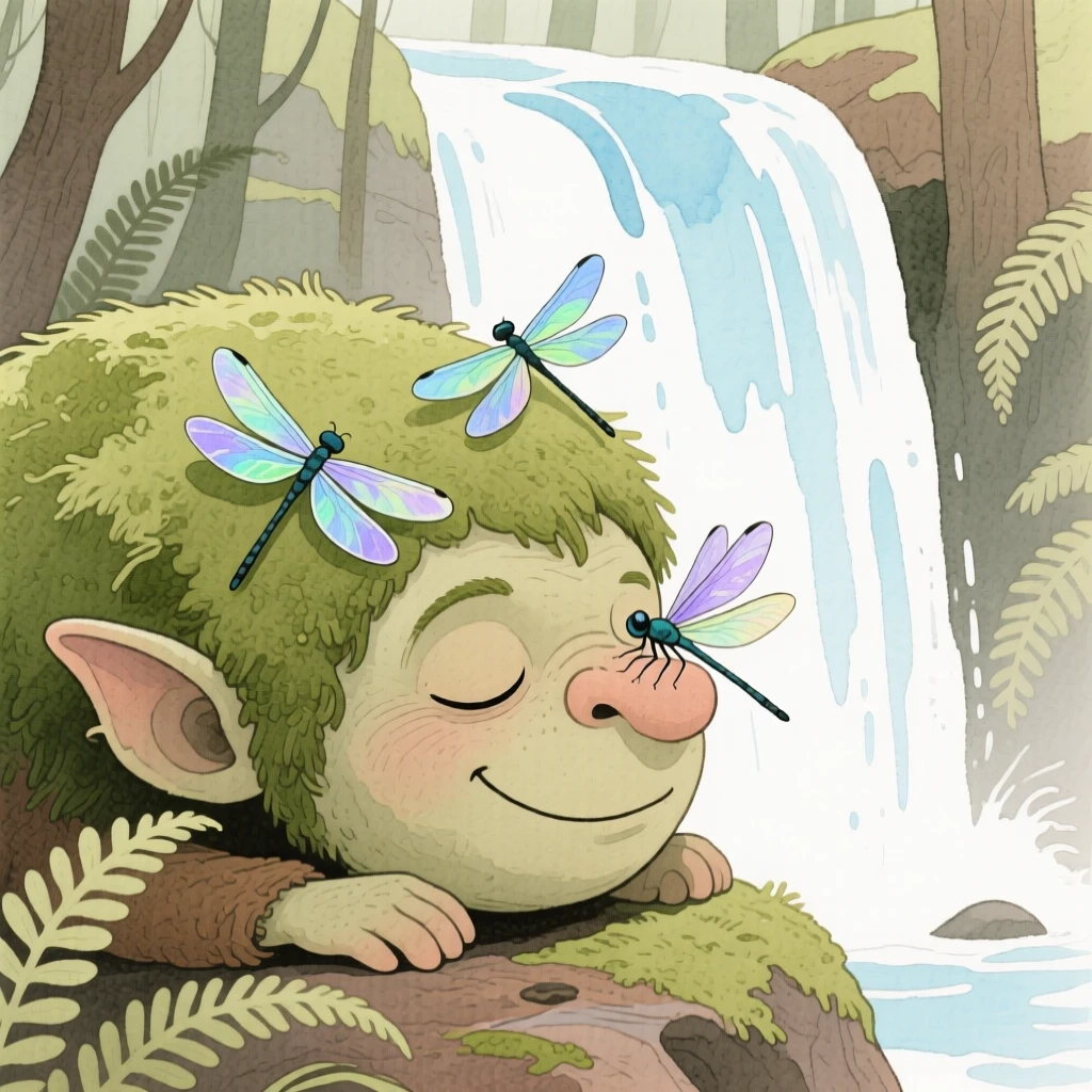 A friendly forest troll with a mossy back naps beside a waterfall while dragonflies rest on its nose