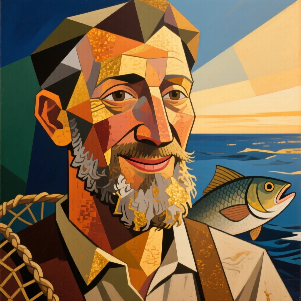 A close-up portrait of a fisherman smiling gently in the golden hush of late afternoon.