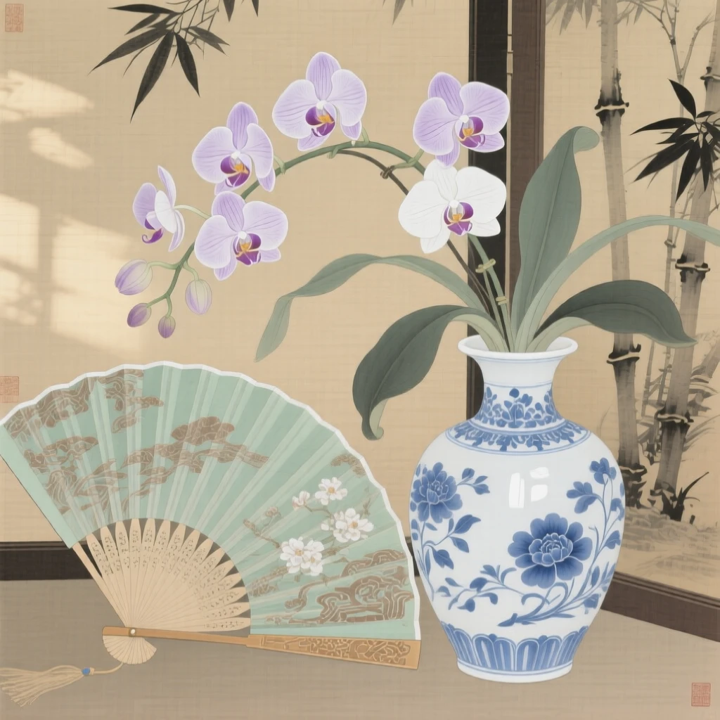A folding fan resting beside a vase of orchids in soft afternoon light beside a paper screen
