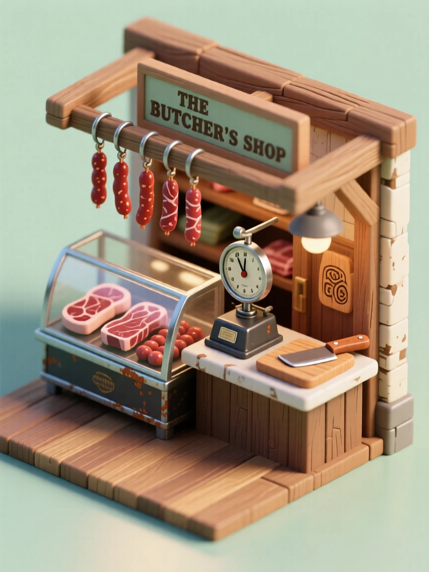 A rustic butcher shop with cuts of meat hanging behind glass, a scale on the counter, and strings of sausages dangling from hooks.