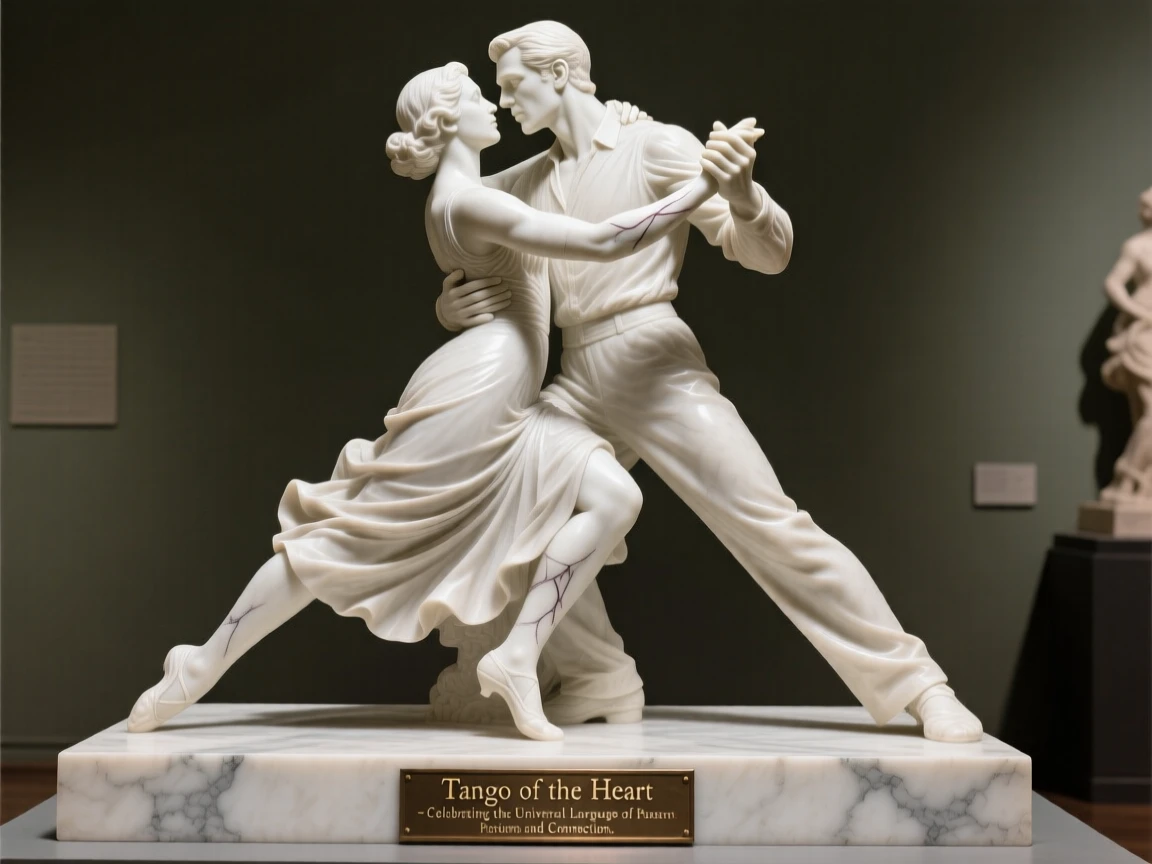 A heartfelt moment showing two dancers locked in a passionate tango, radiating love and genuine human emotion